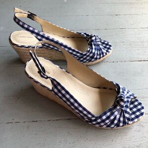 Blue Gingham Checkered Wedge Espadrilles